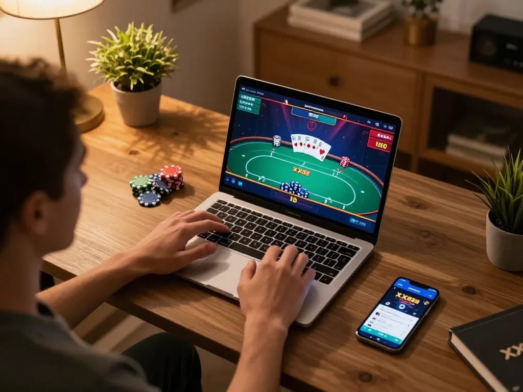 Player engaged in a thrilling game of XX88 on a laptop, showcasing a vibrant poker interface.