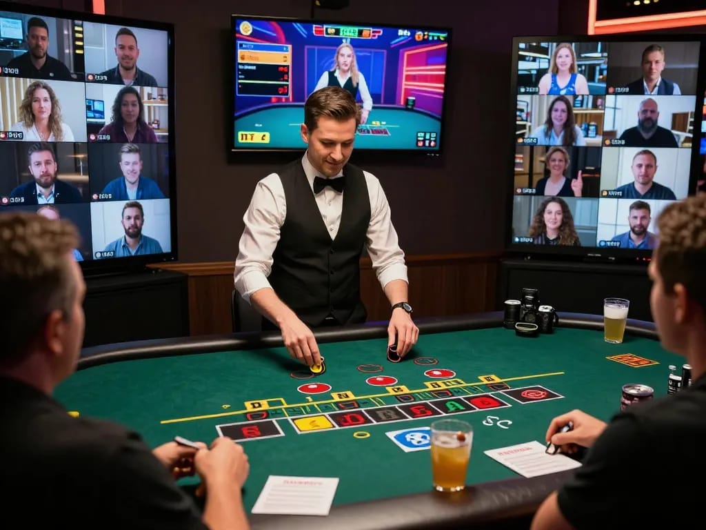 Players engaging in an lc88 live dealer blackjack session, showcasing live interaction and excitement.