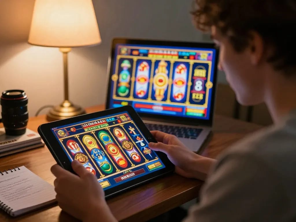 N188 player enjoys online slot game on tablet, showcasing responsible gaming in cozy home setting