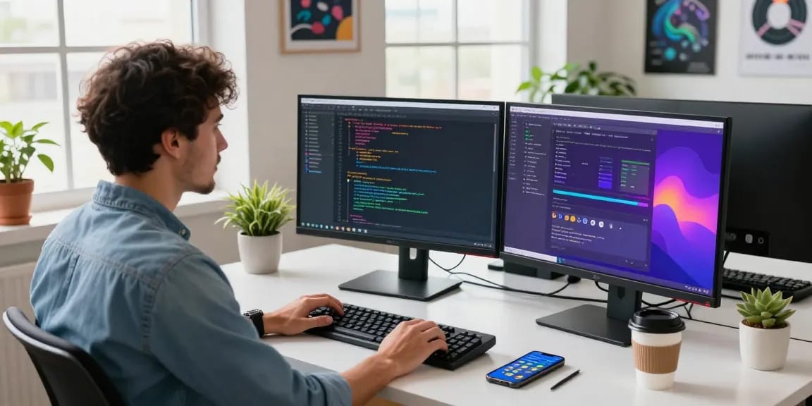 Interesanteng workspace ng software development sa bd188 na may mga monitor, laptop, at tasa ng kape.