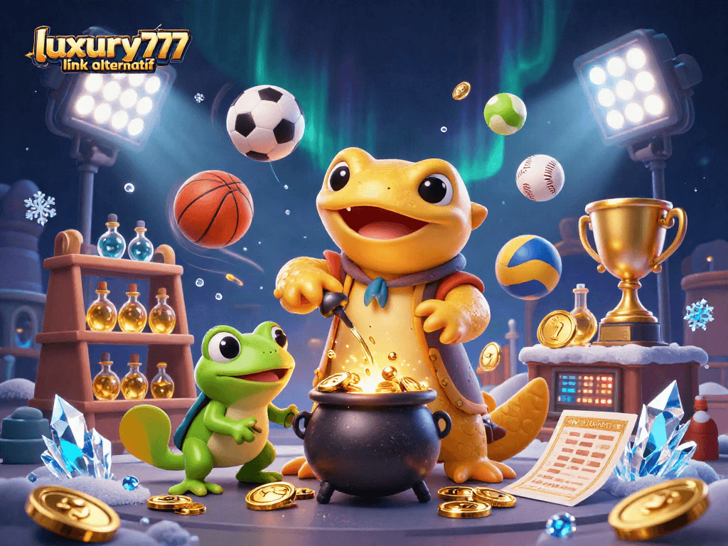 luxury777 link alternatif untuk memenangkan taruhan olahraga dengan trofi emas dan bola olahraga dinamis
