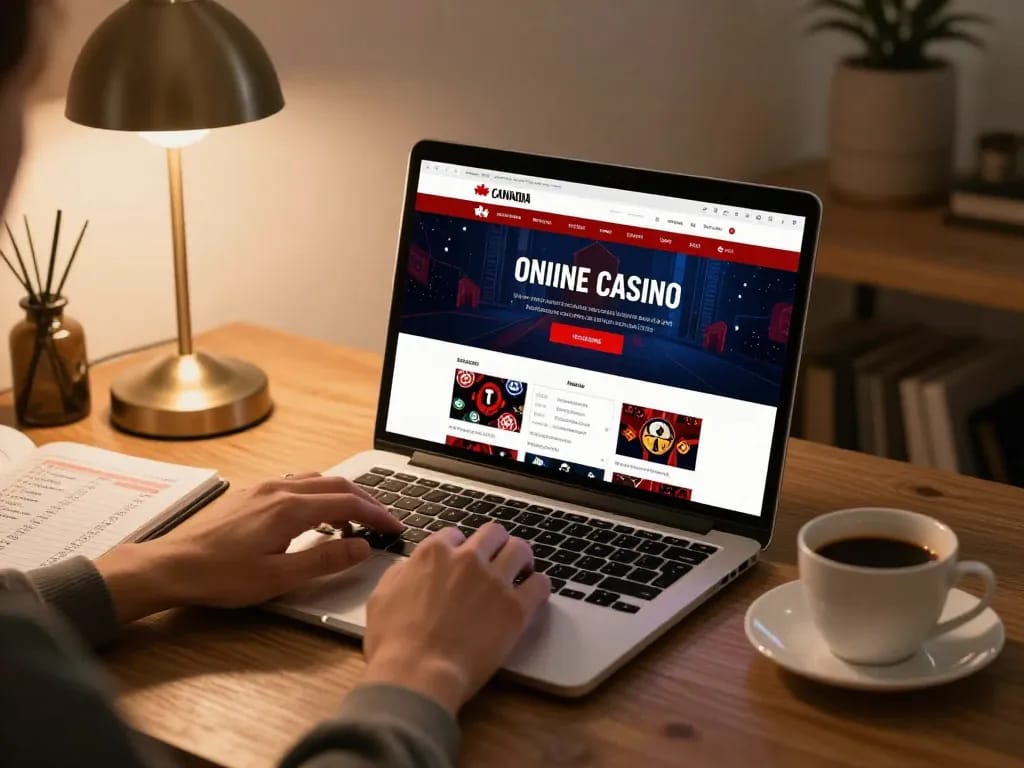 Engaging gameplay at Canadian online casinos showcased on a cozy home desk.