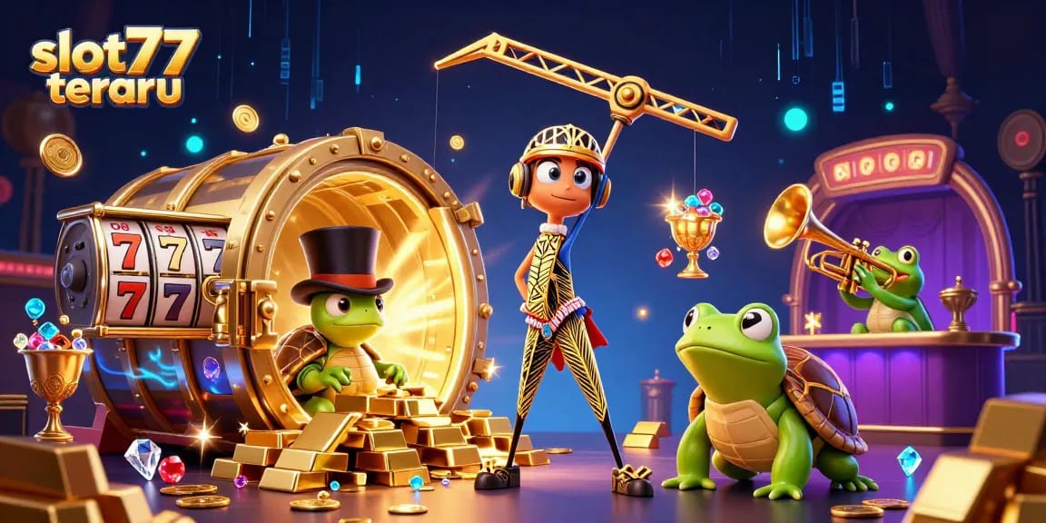 Spin colorful slot reels at slot77 terbaru, winning treasures scattered everywhere, including gold and jewels.