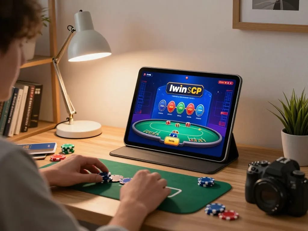 Play online casino games at Iwin on a tablet in a cozy home setup with vibrant lighting.