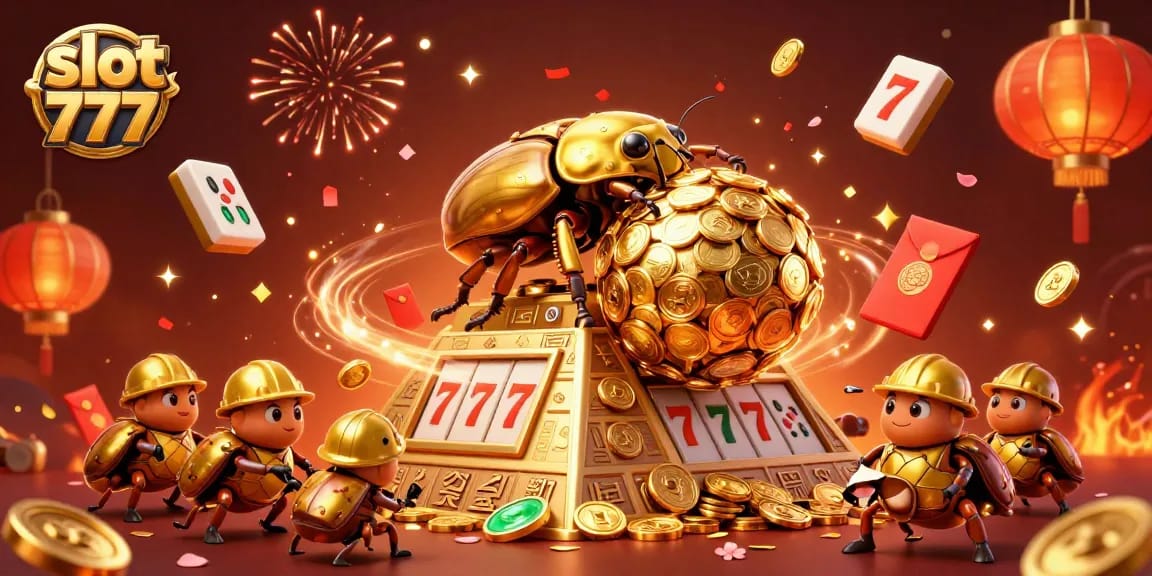 Engage in exciting slot 777 adventures with golden beetles rolling coins amidst festive casino symbols.