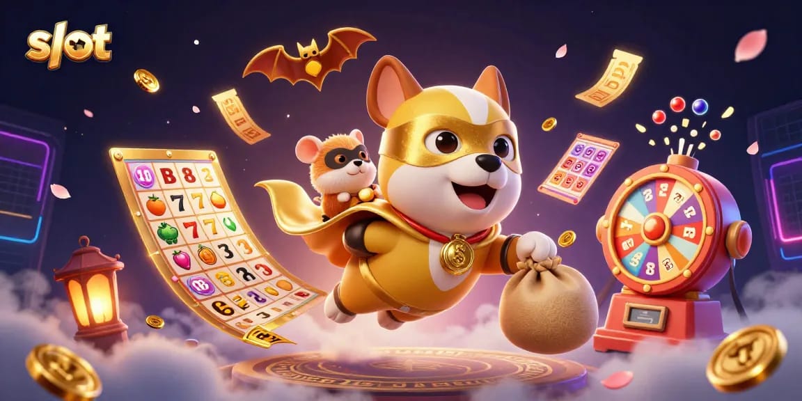 Experience thrilling slot action with a superhero dog and hamster amid vibrant casino elements.