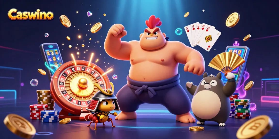 Experience the excitement of Caswino with a powerful sumo rooster and samurai cricket in a dynamic casino scene.