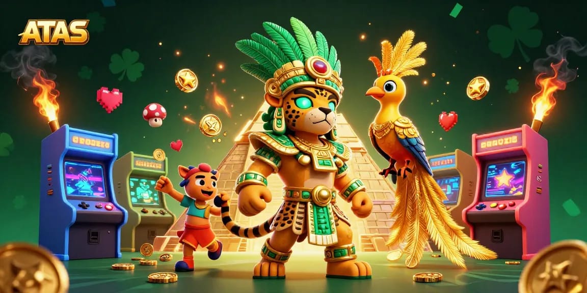 Win big at ATAS Casino with a vibrant 3D scene of a Mayan jaguar priest and gaming elements