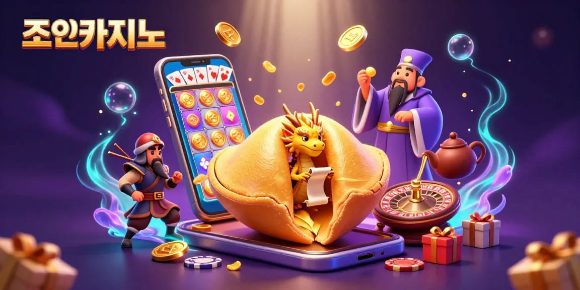 Join the excitement at 조이카지노 with a vibrant 3D casino scene featuring golden fortune cookies and dynamic slots.