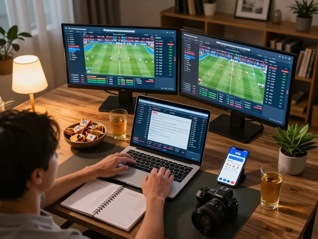 Engaging in live sports betting on the XX88 app while analyzing odds, showing organized setup with snacks and drinks.