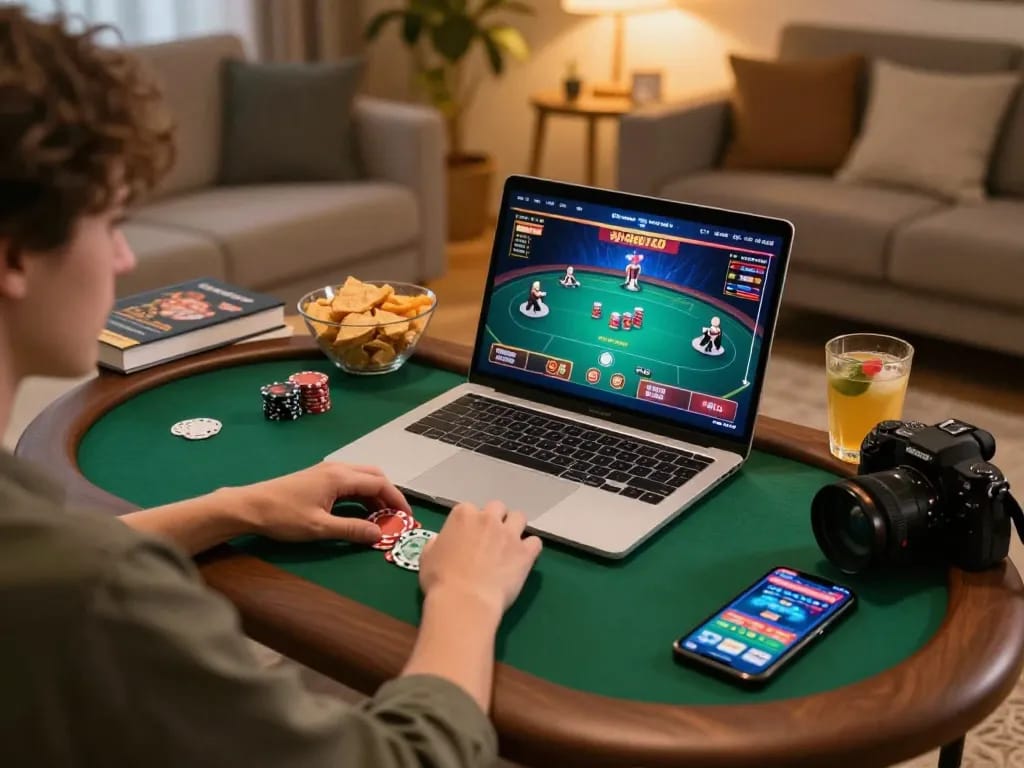 Sunwin players strategizing their poker game on a laptop during a cozy home session.
