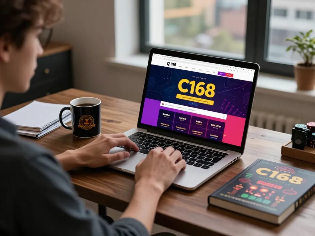 Player exploring C168's online casino interface at home, surrounded by betting strategy notes.