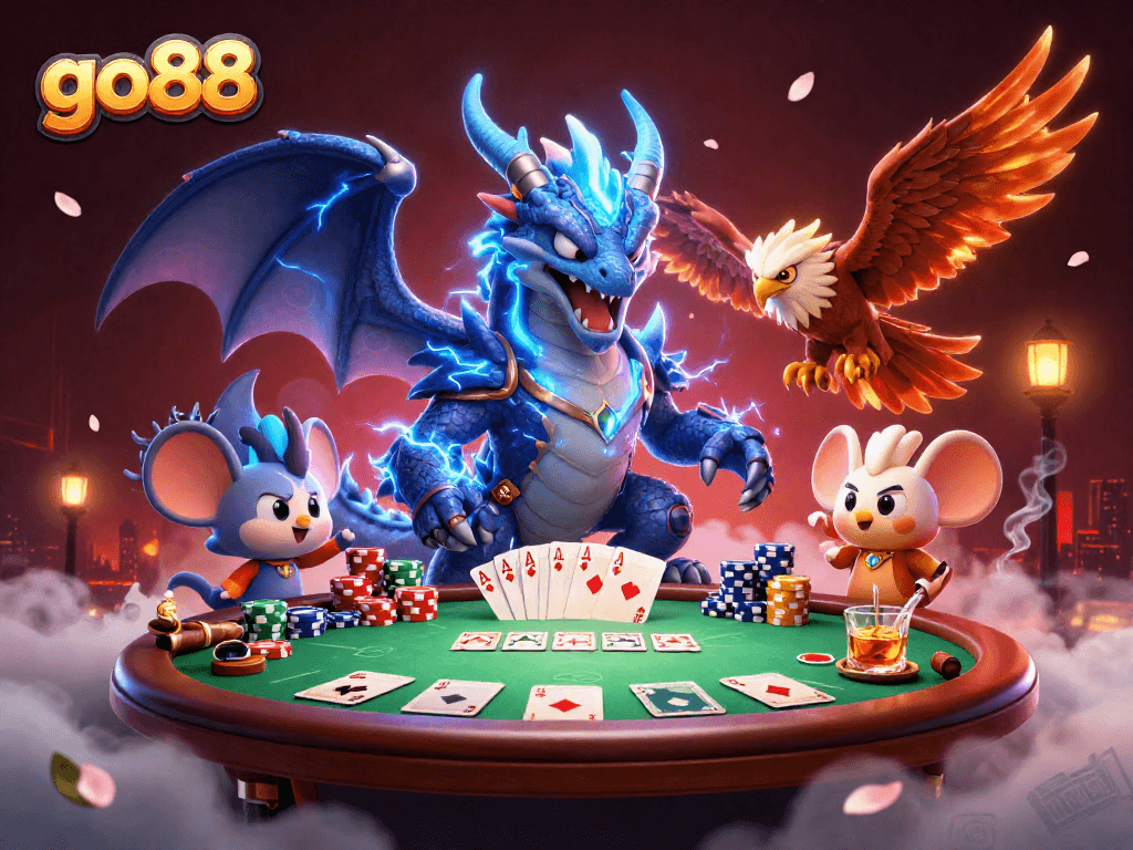 Experience thrilling action with go88 as a thunder dragon, hawk, and mascot gather at a vibrant poker table.