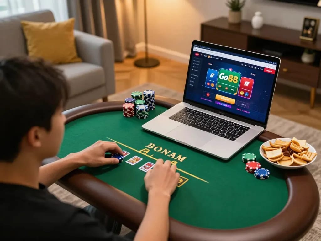 Engaged player enjoying Go88 online casino gaming on a cozy laptop setup at home.