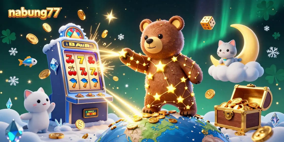 Engage in thrilling gameplay at nabung77 with vibrant games and jackpots shining in the night sky.