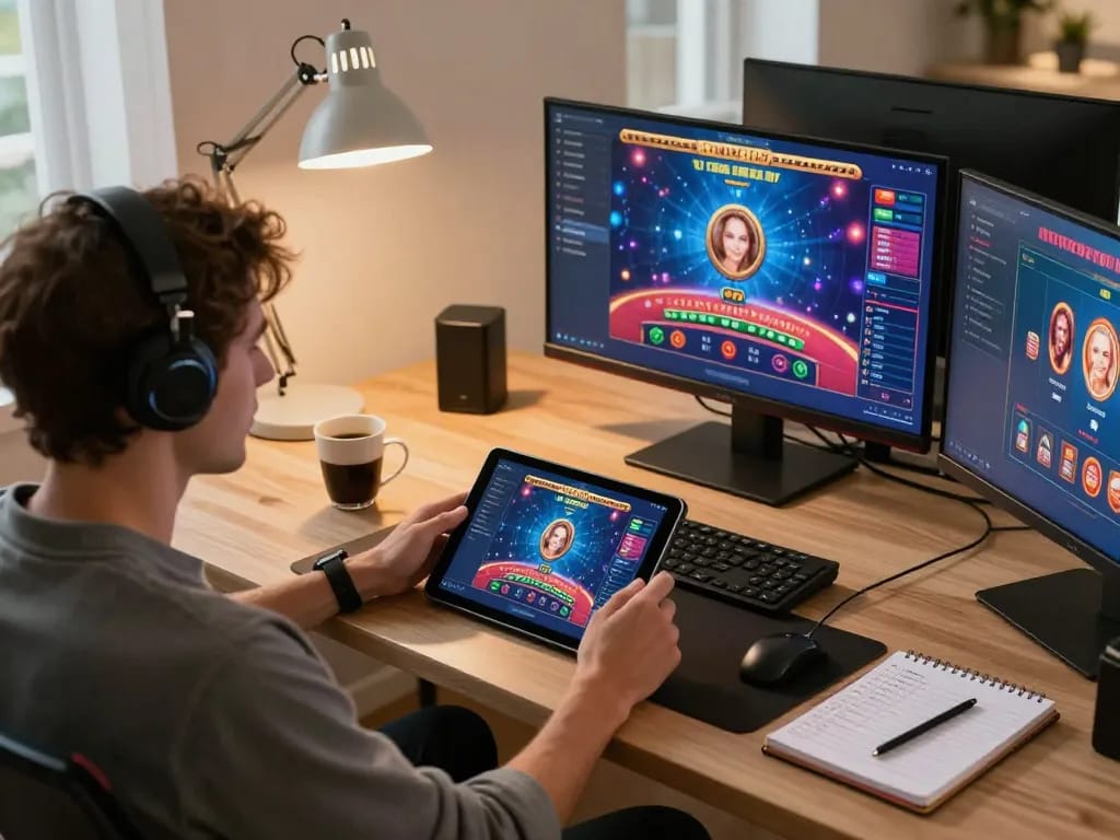 Experience thrilling gameplay at VN23 with a live dealer on a tablet during a cozy home gaming session.