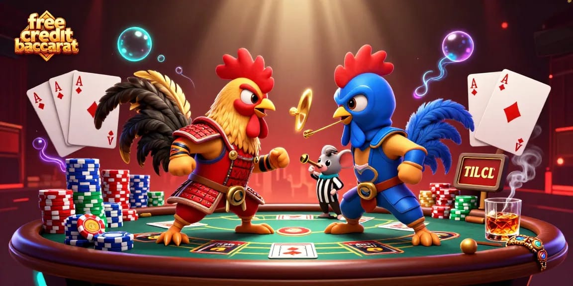 Engage in free credit baccarat excitement with colorful roosters and casino gaming elements.