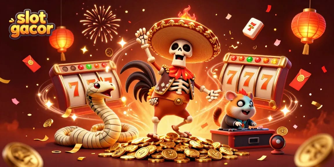 Experience excitement with slot gacor as a mariachi rooster, mummy snake, and DJ hamster celebrate wins.