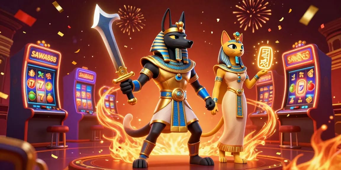 SAWA888 showcases winning slot games amid ancient Egyptian warriors celebrating with vibrant colors.