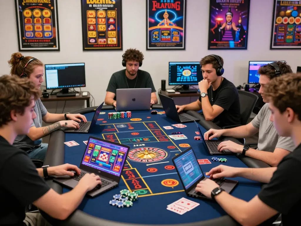 Dynamic online gambling environment showcasing users playing tot88 on digital devices with vibrant casino graphics.