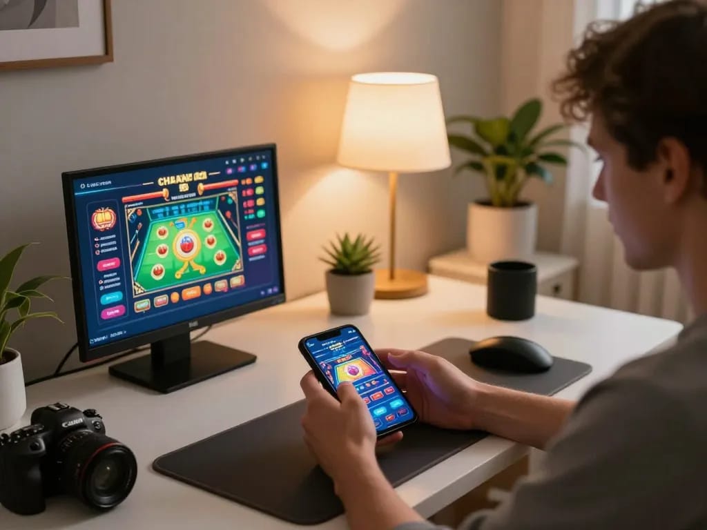 Experience engaging online gambling with OKFUN on a smartphone in a cozy setting.