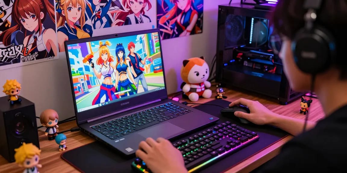 Engaged player enjoying a hentai game on a gaming laptop surrounded by gaming accessories and anime decor.