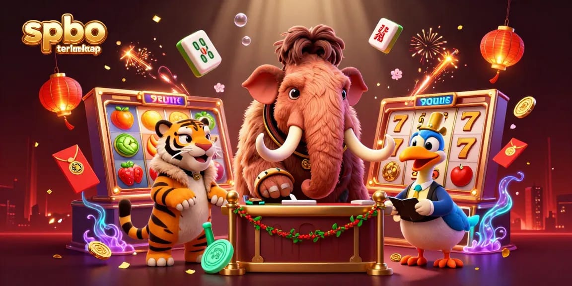 Engaging scene showcasing spbo terlengkap casino bouncer checking IDs amidst dynamic slot reels and festive decorations.