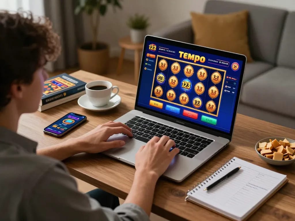 Engage with Tempo 123 slot gameplay while enjoying a cozy home environment, illustrating modern online casino experiences.