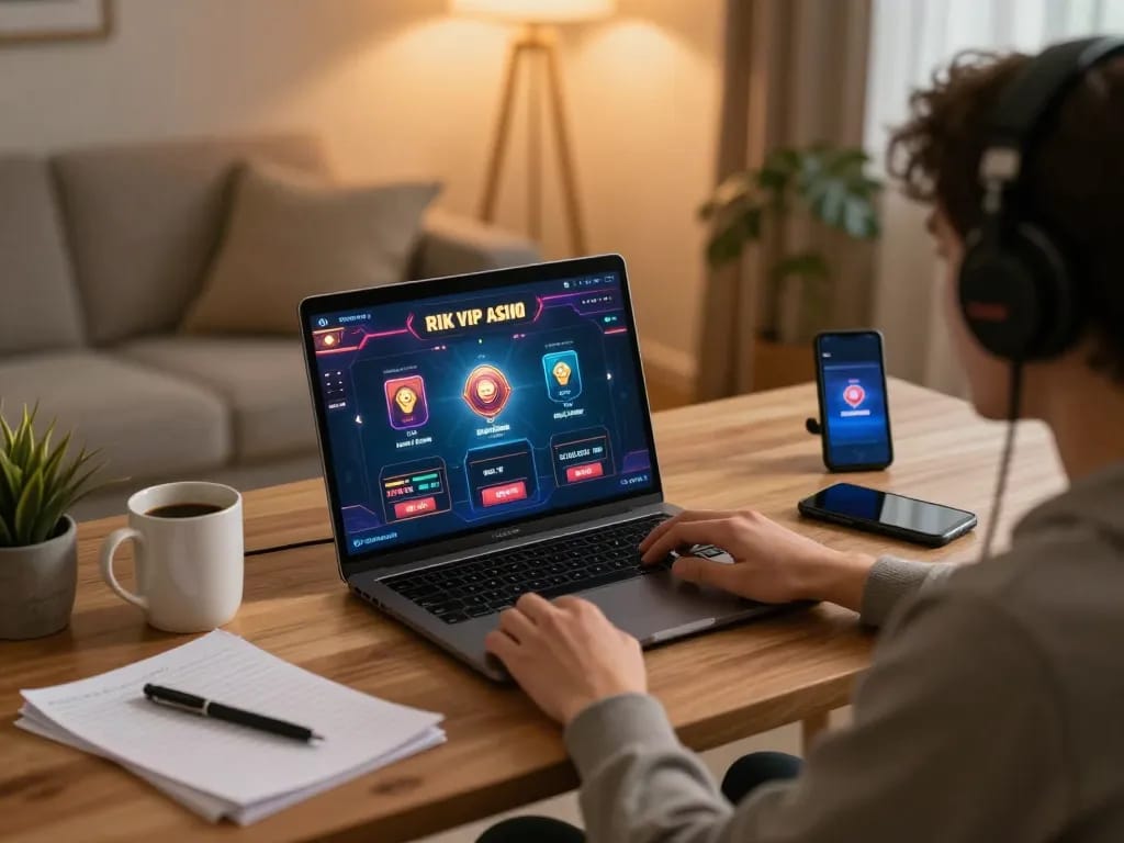 Play online games at rik vip with a cozy home setup, laptop displaying engaging gameplay.