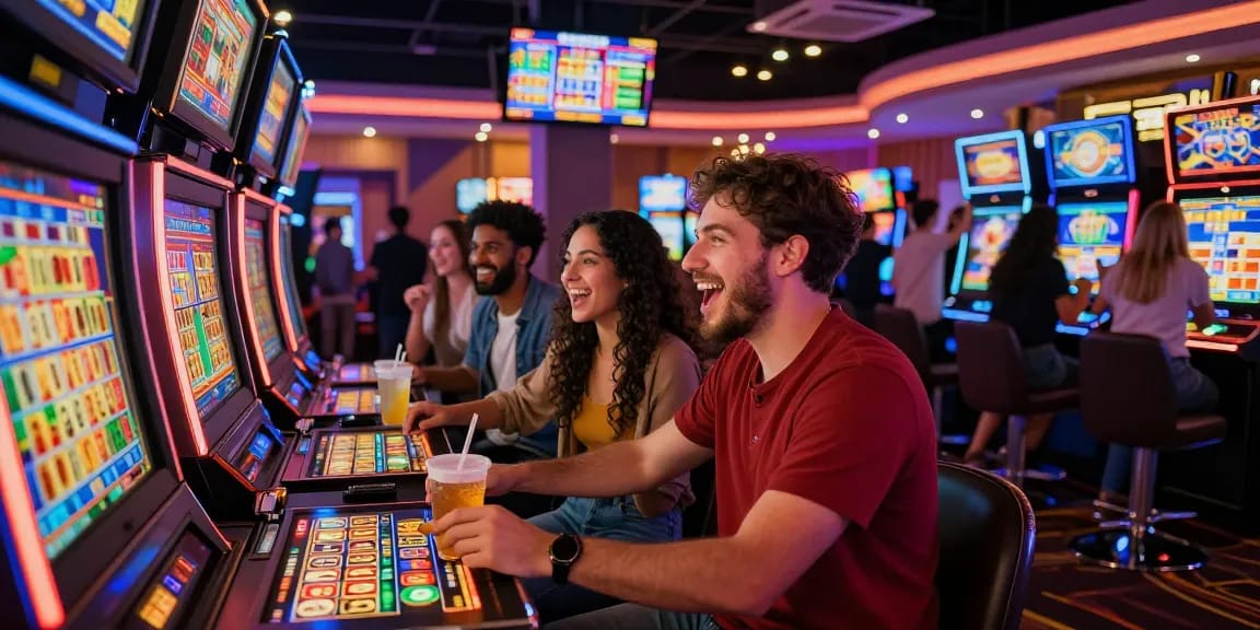 Friends enjoying thrilling toto slot games at a vibrant casino.