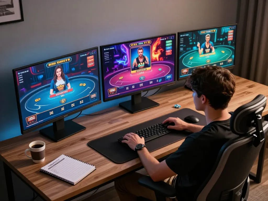 Engaging in online poker on a stylish setup showcasing indopride88 link alternatif for better gaming strategies.