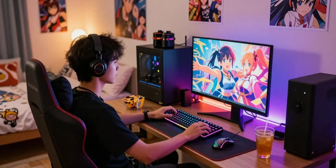 Engaged gamer playing an ecchi game in a vibrant, cozy setting.