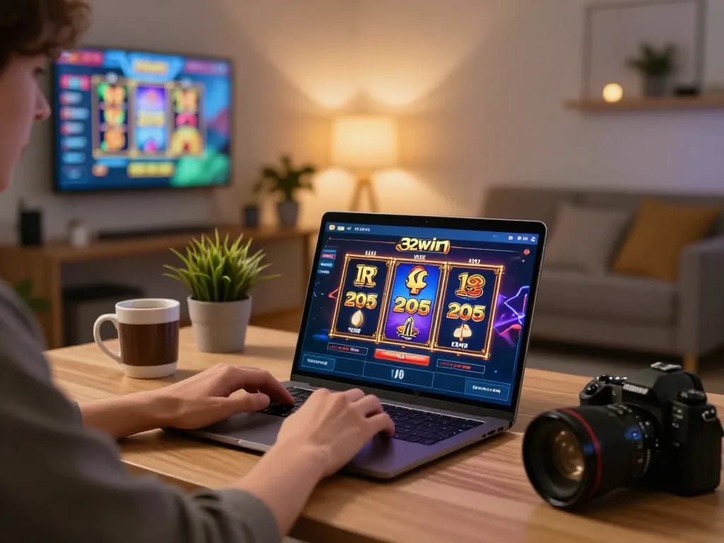 Player enjoying 32win slot games on a laptop in a cozy gaming setup