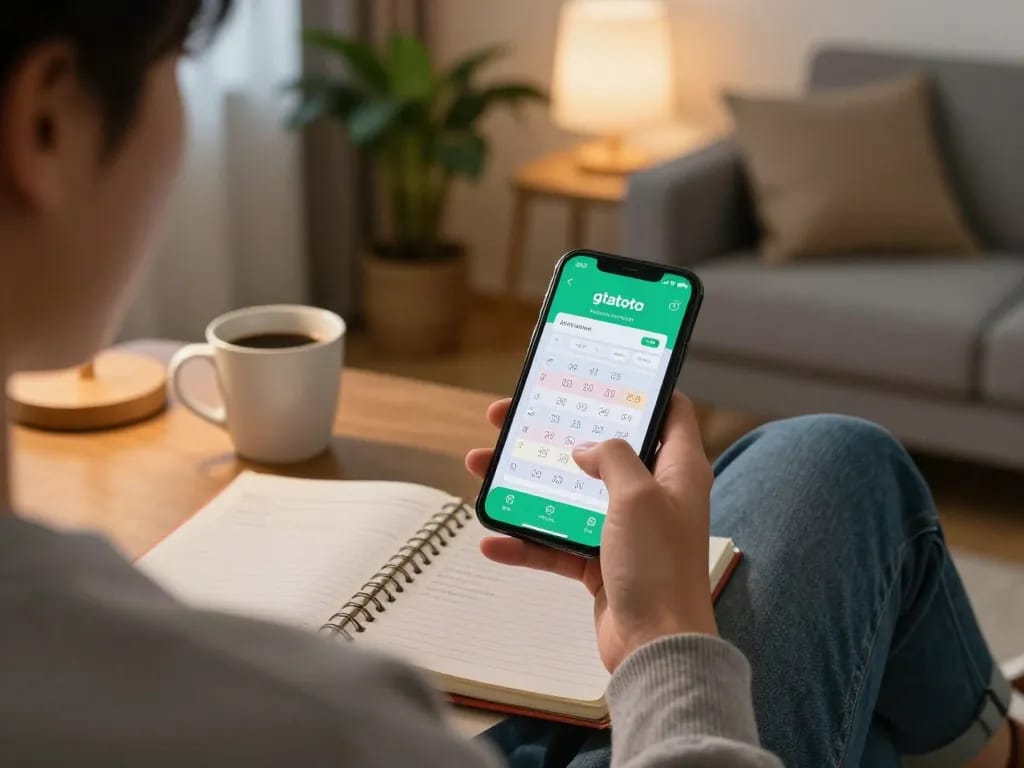 Engaging with the gtatoto app on a smartphone in a cozy home gaming setup.