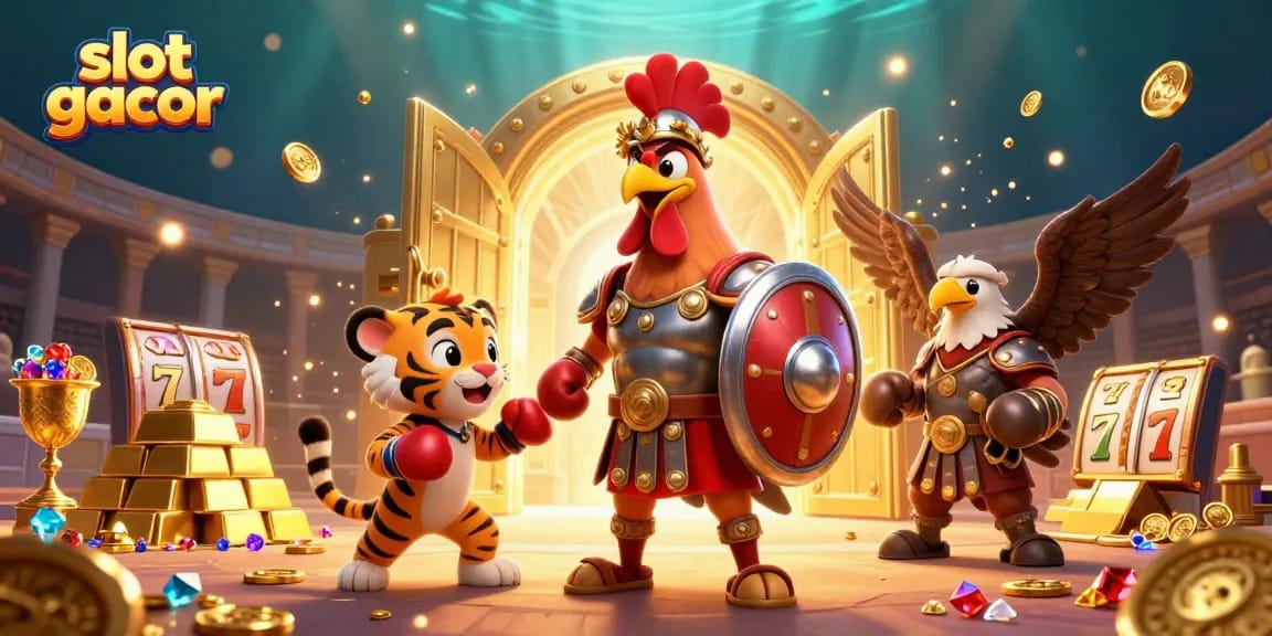 Slot gacor menghadirkan gladiator ayam dan tigre dalam aksi menggebu, dipenuhi harta dan simbol kemenangan.
