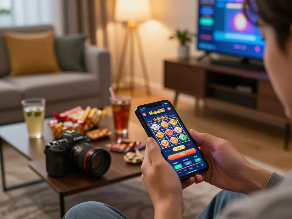 Versi asli Mega888 sedang dimainkan di telefon pintar dalam pengaturan permainan rumah yang selesa.