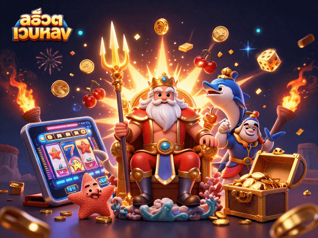 Experience thrilling สล็อตเว็บตรง action with Neptune and lucky symbols in a festive 3D scene.