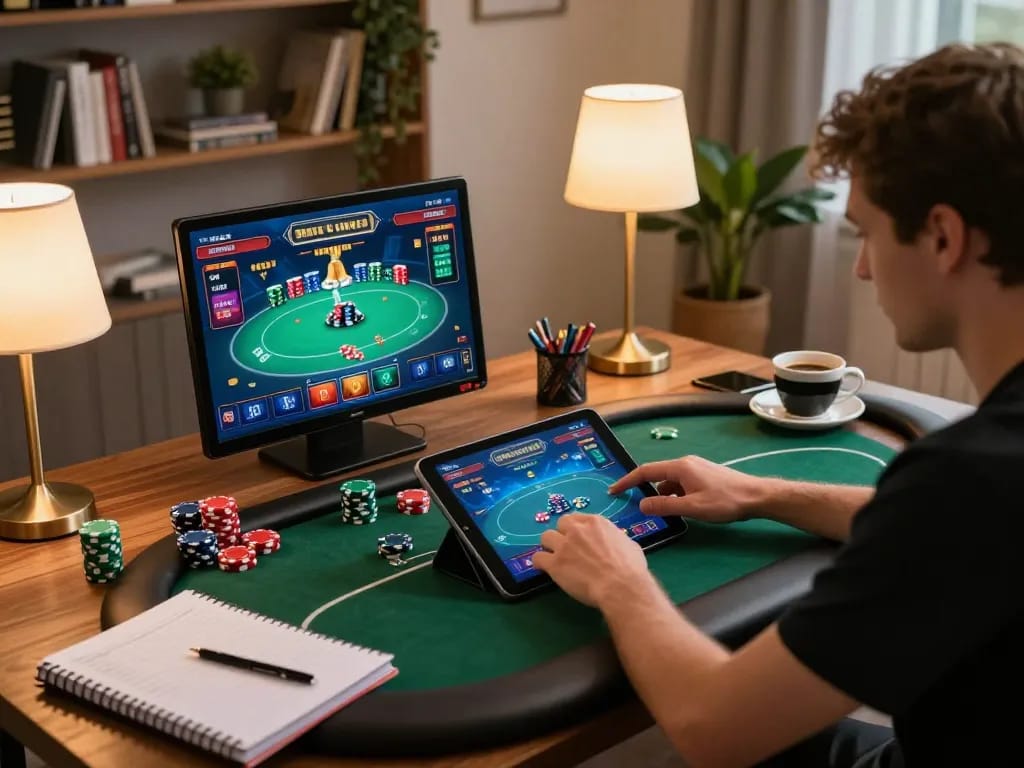 88xx player engaged in strategic poker gameplay on a cozy home setup, showcasing online gambling