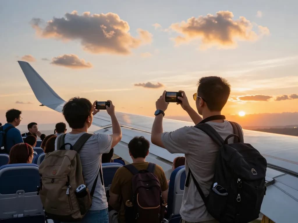 Traveler enjoying scenic views from airplane wing during sunset, capturing moments on 789P flight.