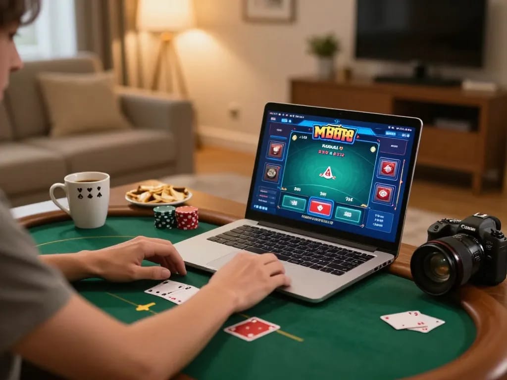 Engaged player enjoying a poker game on hi88com, highlighting cozy atmosphere and strategic gameplay.