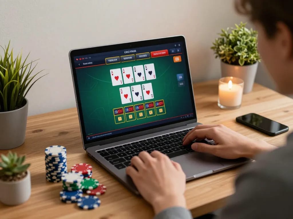 Experience thrilling blackjack with bk8 on a laptop in a cozy home office.