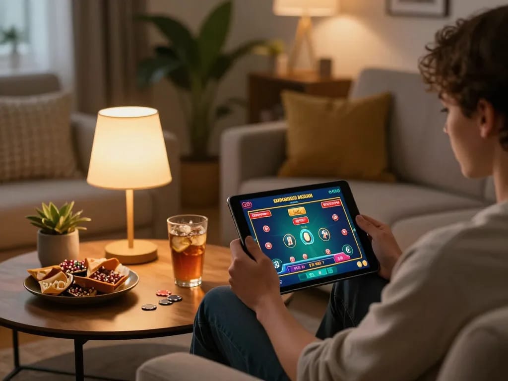 Orang menikmati permainan daring di tablet dengan antarmuka yang ditampilkan di pengaturan rumah doubstourismeleblogpro dengan pencahayaan hangat dan camilan.