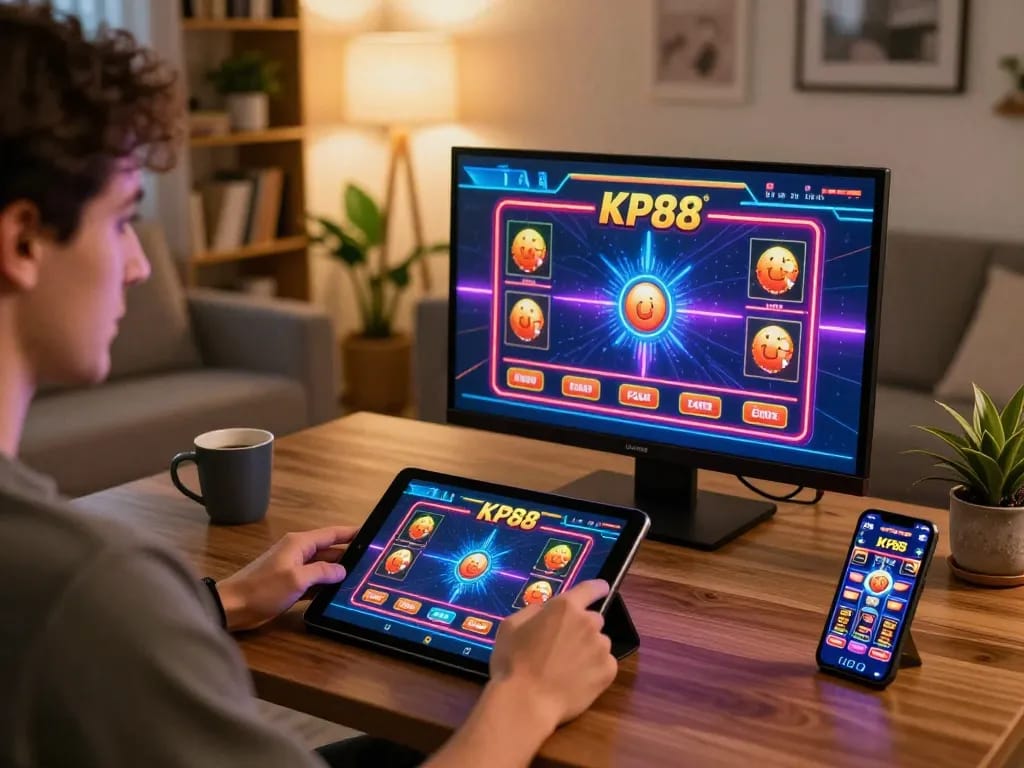 Engaging with the KP88 gaming app on a tablet in a cozy home setup, showcasing online gambling excitement