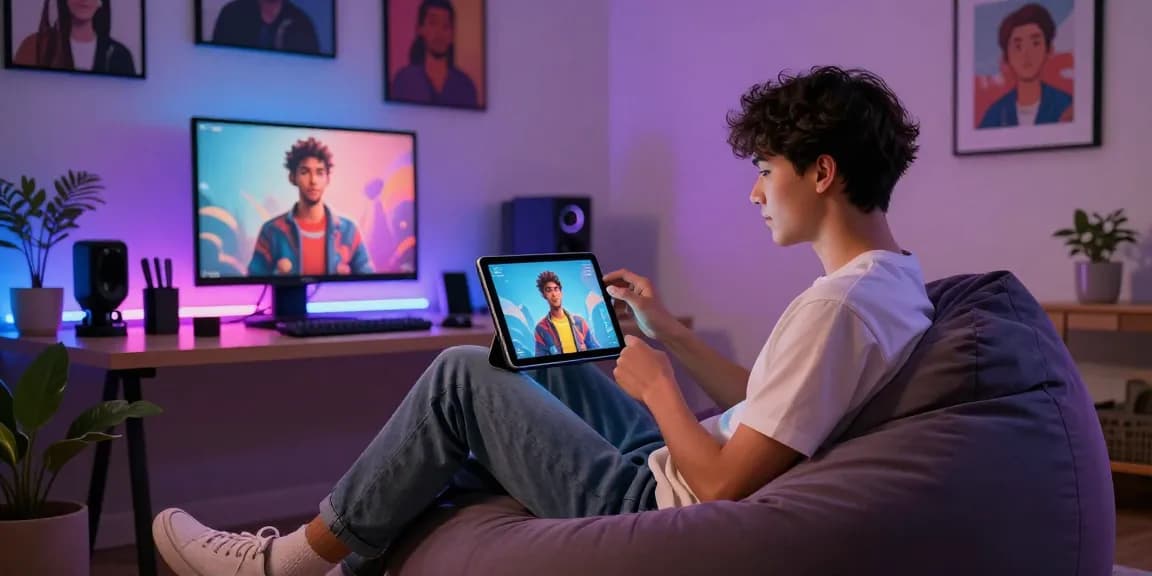 User interacting with dynamic NSFW AI companion on a tablet in a cozy room, showcasing customizable features and modern decor.