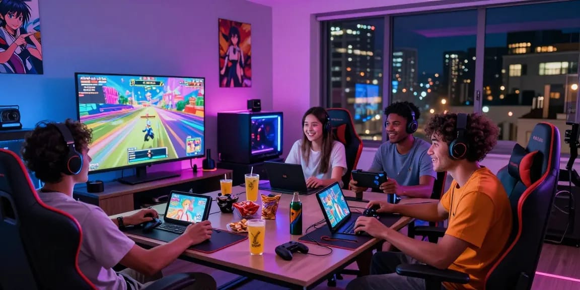 Friends playing hentai games in a vibrant gaming room filled with snacks and modern decor