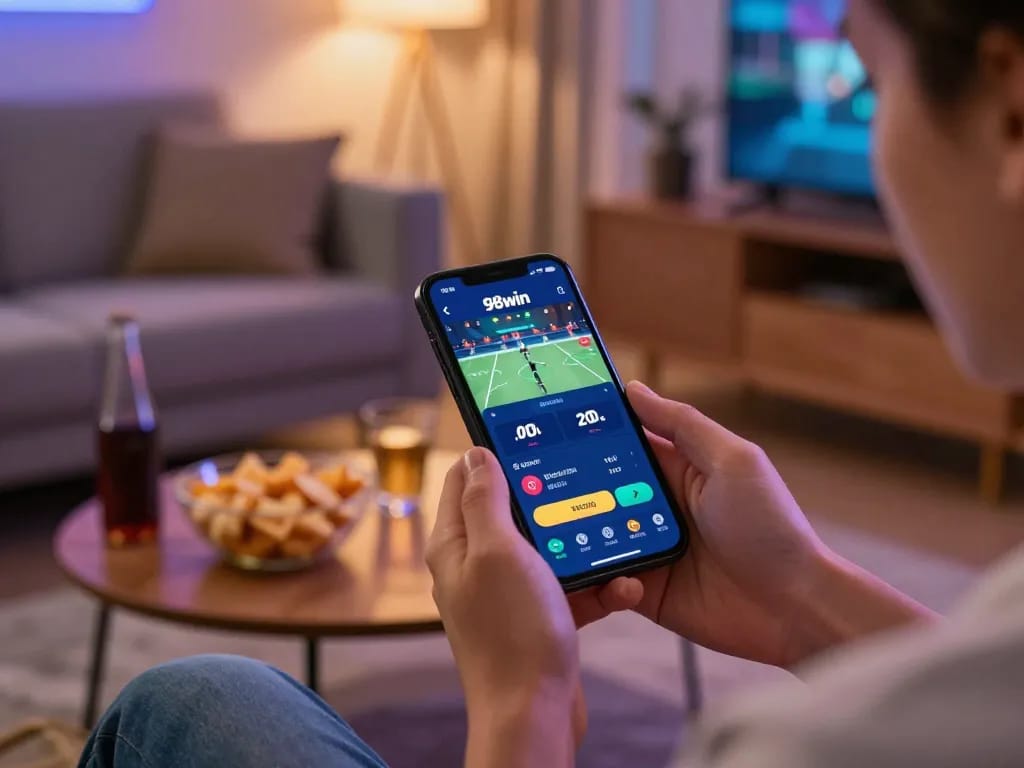 Engaging in mobile sports betting at trang chu 98win while enjoying a cozy home setup.