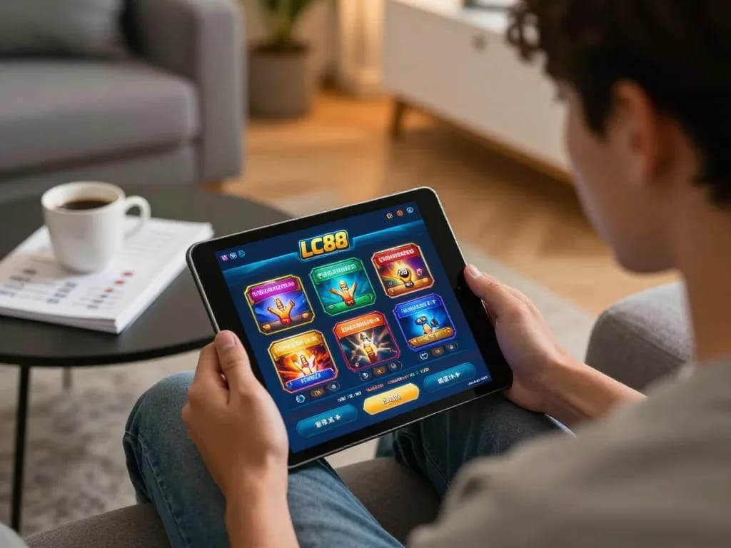 Engaged user playing on the LC88 mobile casino app, showcasing a dynamic gaming experience.