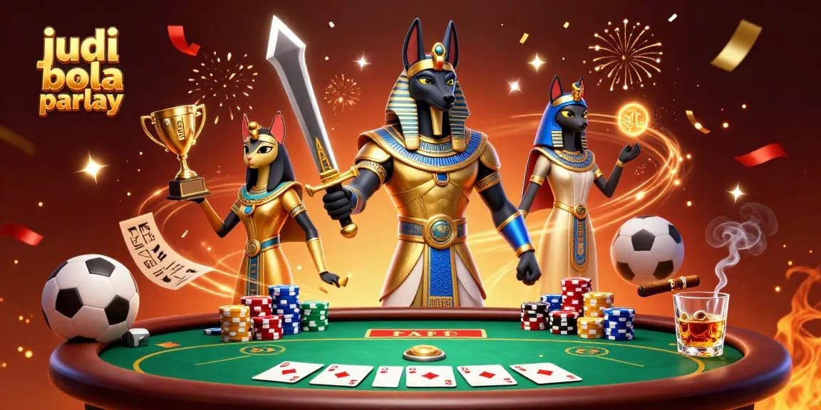 Engage in judi bola parlay with Anubis and Bastet amidst vibrant casino elements and sports betting features.