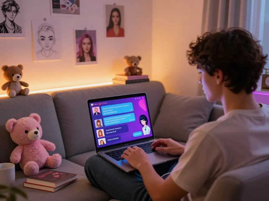 Engaging in AI sex chat in a cozy virtual environment, showcasing colorful avatars and flirty exchanges.