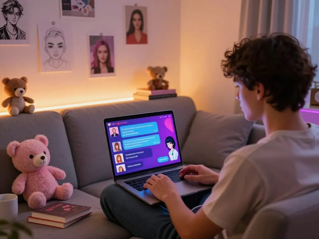Engaging in AI sex chat in a cozy virtual environment, showcasing colorful avatars and flirty exchanges.